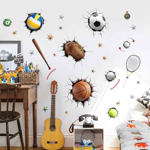 Sports Wall Decals for Boys Room, 3D Sports Basketball Soccer Football Baseball Wall Stickers Art Decor Kids Girls Children Teenage Baby Toddler Bathroom Bedroom Nursery Classroom