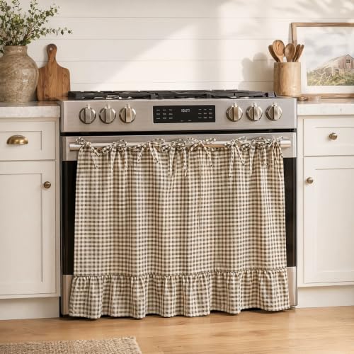 Oven Skirt for Kitchen Decor - Brown White Cotton Linen Stove Cover with Ruffle Trim, Handmade