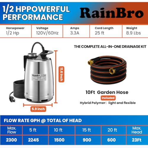 RainBro 1/2 HP Submersible Sump Pump 2300 GPH with Hose, Portable Water Drainage