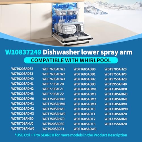 Whirlpool W10837249 Lower Dishwasher Spray Arm - Upgraded Replacement