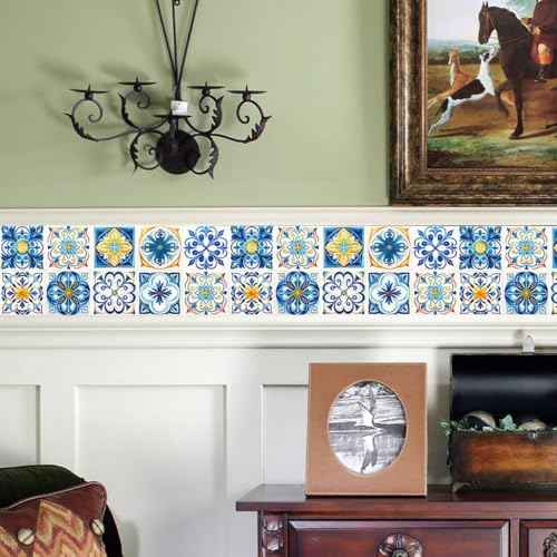 Floral Self-Adhesive DIY Stickers Peel and Stick Backsplash Waterproof Wall Art Decals Home Decor in Boho Talavera Moroccan Design, 4x4 Inch