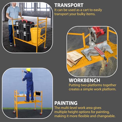 LEADALLWAY Yellow 4-Foot Portable Rolling Scaffold Platform with 2 Adjustable Levels