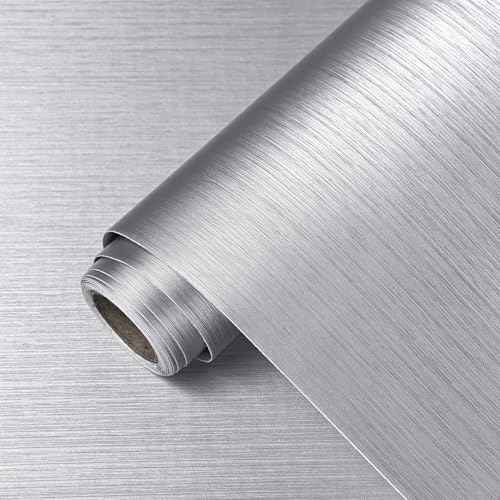 Silver Metallic Peel and Stick Wallpaper for Kitchen Countertop Backsplash 15.7"x118" Modern Waterproof Self Adhesive Wall Paper Stainless Steel Contact Paper for Appliances Dishwasher Fridge