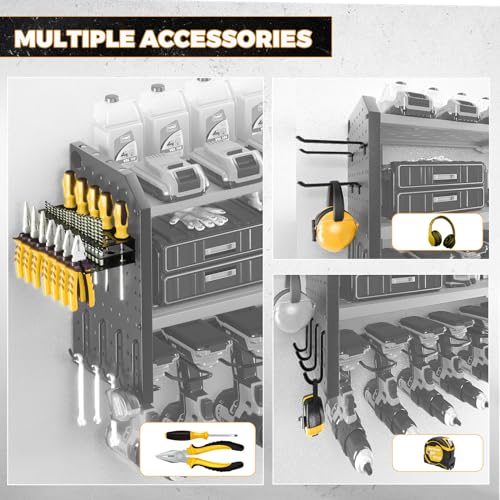 KAFAHOM Power Tool Organizer with Charging Station, Built in 8 Outlet Power Strip,Large 8 Drill Holder Wall Mount, Heavy Duty Metal Power Tool Storage Rack Tool Shelf for Garage Organization Black