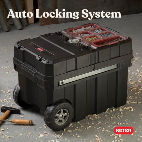 Keter Masterloader Resin Rolling Tool Box with Locking System, 6 Removable Bins, Black/Red