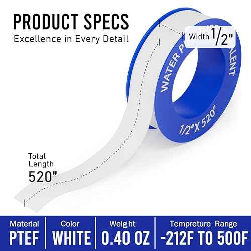 Teflon Tape 1 Roll 1/2 Inch(W) X 520 Inches(L),Water Pipe Sealing Tape,Plumbing Tape,Plumbers Tap,PTFE Tapes,Sealing TPE,Sealant Tape,Thread Seal TPE for Shower Head,Plumbers Accessories