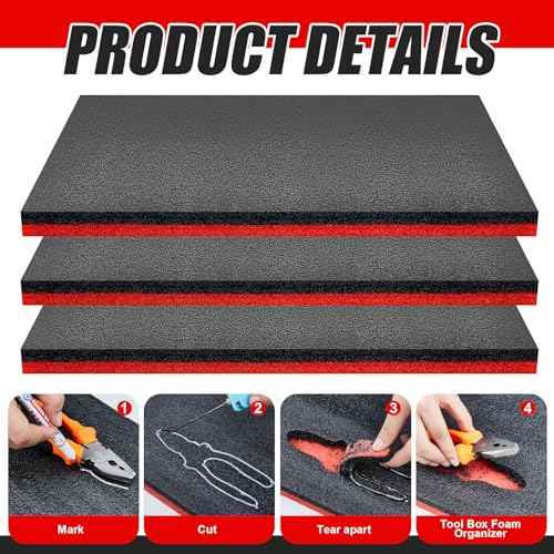 Gisafai 3 Sets 18 x 12 x 1 Inch Tool Box Foam Sets Includes 3 Tool Box Liner 1 Foam Cutter 2 Marker Pens Adjustable Non Slip Organizer Sheet for Toolbox Cabinet Chest Drawer Storage Craft