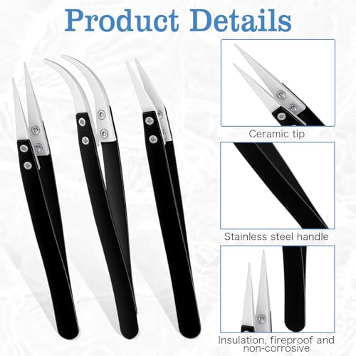 3 PCS Precision Reverse Ceramic Tweezers Set, Non Conductive Heat Resistant Anti Magnetic Electronics Soldering Tweezers, Pointed Curved Tips for Pinching Coils, Jewelry, Watch Repair, Black