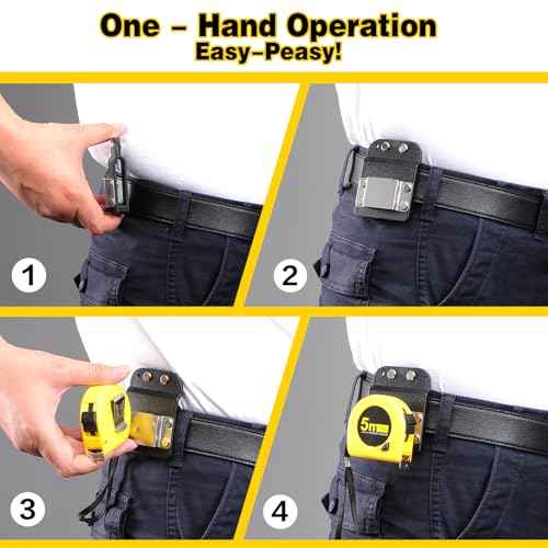 Tape Measure Holder Tool Belt Clip, Drill Holder for Tool Belt, Belt Tool Holder Fits Up to 2" Belts, Belt Clip Holster with Drill Clip & Short Screw Accessory - 1 Hand Easy Peasy