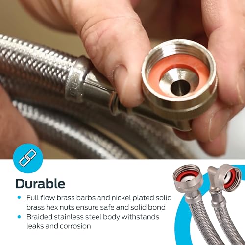 Eastman 5 ft Washing Machine Hose Connectors with Elbows - 2 Pack, 3/4 in FHT x 3/4 in FHT, Braided Stainless Steel