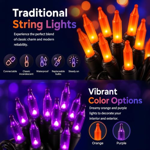 TW SHINE Purple & Orange Halloween String Lights 20FT 100 Count Waterproof Indoor Outdoor Decoration