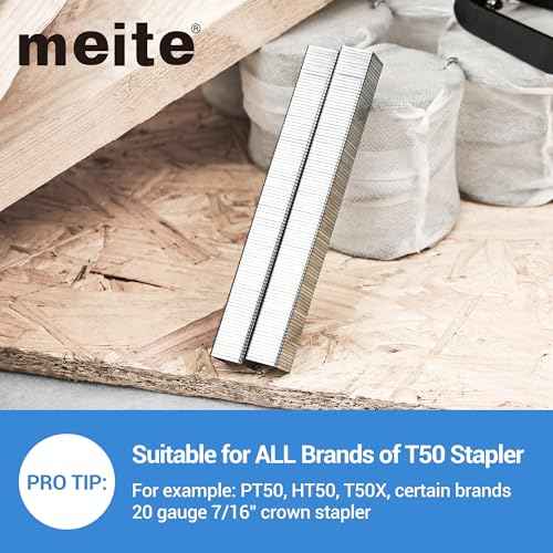 meite Heavy Duty Staples, 1/4 Inch Length T50 Staples for Staple Gun, Galvanized, 20 Gauge 3/8 Inch Crown, Compatible with T50 Staple Gun, Ideal for Upholstery, Construction, Furniture (1,512 Counts)