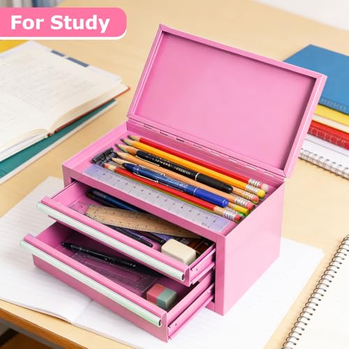 TWUBLK Mini Pink Steel Tool Box with Drawers - Small Portable Metal Toolbox Organizer