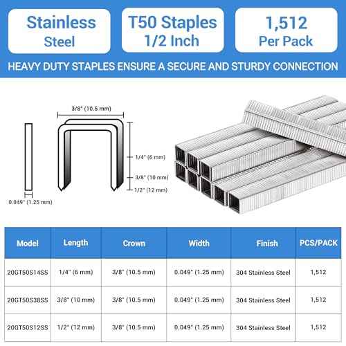 meite T50 Stainless Steel Staples Marine, 1/2 Inch Heavy Duty Staples for Staple Gun - 1512 Counts, 20 Gauge 3/8 Inch Crown T50 Upholstery Staple for Marine Applications