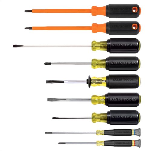 Klein Tools 85850 9-Piece Electrician Tool Set with (3) Phillips, (3) Slotted Drivers, (1) Screw-Holding Driver, (2) Insulated Drivers - Phillips and Square, Cushion-Grip Handle