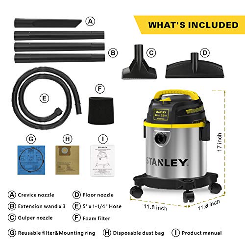 Stanley 3 Gallon Wet Dry Shop Vacuum with 4 Peak HP Motor, Stainless Steel, Portable & 3-in-1 Blower