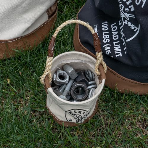 Klein Tools 5104MINI Mini Tool Bucket, All-Purpose Tool Bucket with Leather-Bottom, Nuts and Bolt Bag with Reinforced Rope Handle, Small Utility Pouch
