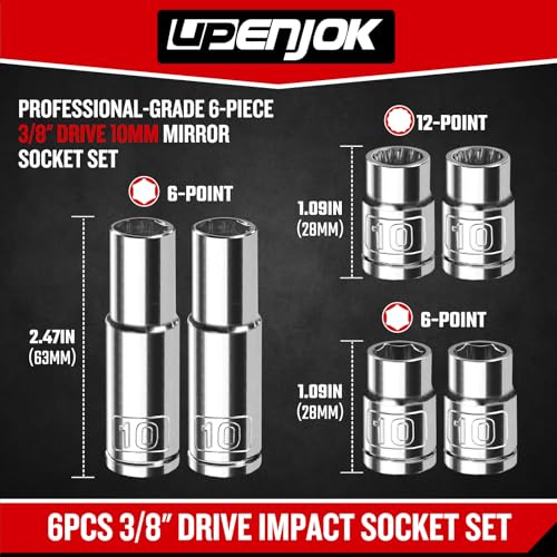6PCS 3/8" Drive 10mm Socket Set, Deep & Shallow, Mirror Finish, Cr-V Steel