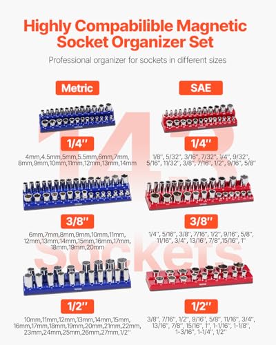 VEVOR 6PCS Magnetic Socket Organizer Set with Clear Labels, 1/4''-1/2'' Metric & SAE, Blue & Red Variation
