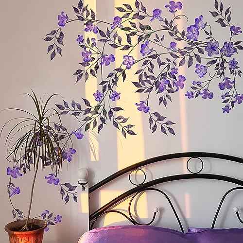 Supzone Purple Vine Flowers Wall Decal Hanging Vine Branch Floral Wall Stickers Self-Adhesive Wall Art Decor for Living Room Bedroom, Office, Sofa, TV Backdrop Home Decor
