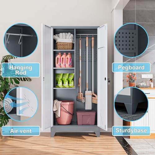 61" Metal Lockable Storage Cabinet with Pegboard & Hanging Rod – White & Gray