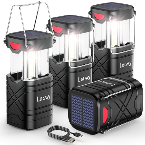 LETMY 4-Pack Camping Lanterns - Rechargeable Solar & USB Powered, Battery Backup, Waterproof, Emergency Outdoor Lights - Black