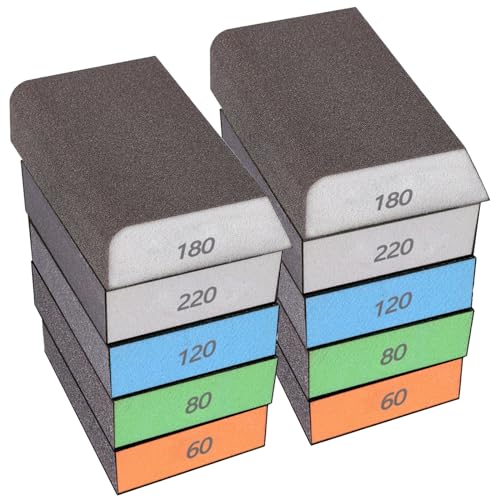10 Sheets Sanding Blocks, Washable and Reusable Sanding Sponge for Wood Drywall Metal Glass Coarse/Medium/Fine 60/80/120/180/220 Grit Sandpaper Block