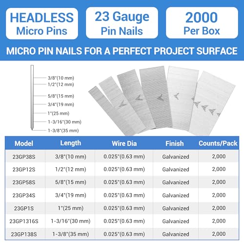 meite 23 Gauge Pin Nails, 1-3/8 Inch Micro Headless Pins - Galvanized 23GA Pins Nails for Nail Gun, Ideal for Fine Woodworking and Trim Work (2,000 Counts)