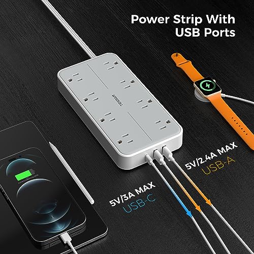 TESSAN 6FT Surge Protector Power Strip with Flat Plug & USB-C, Gray - 11 Outlets