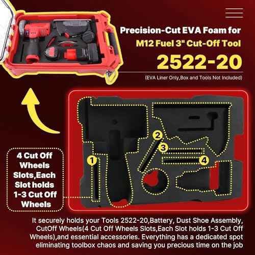 EVA Liner Organizer Compatible with Milwaukee Packout Tool Box 48-22-8435, Precision-Cut Foam Insert Fit for M12 Fuel 3" Cut-Off Tool 2522-20 and Accessories, Black