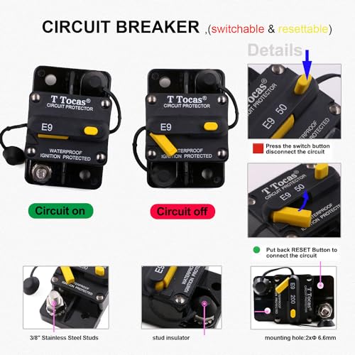 T Tocas 200 Amp Marine Circuit Breaker with Manual Reset - UL, Waterproof, 3/8"-16 Studs, Model: 200.0A