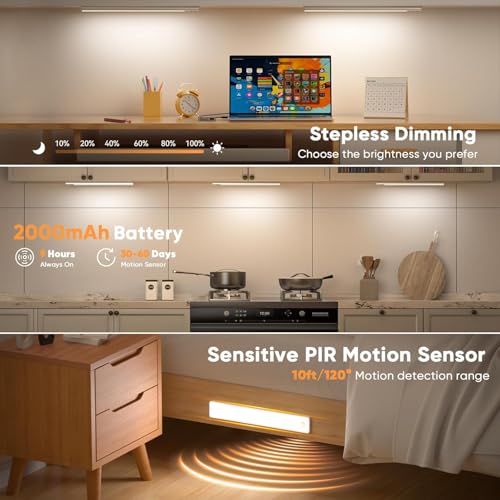 DiDiSky White 8-inch Rechargeable LED Under Cabinet Light with Motion Sensor - Wireless Dimmable Closet Lighting (2 Pack)