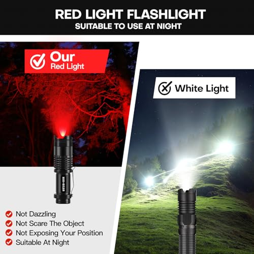 2 Pack Red LED Flashlight with Single Mode, Adjustable Beam for Night Observation & Outdoor Activities