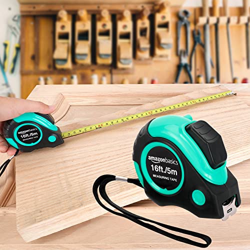 Amazon Basics 16 ft Retractable Tape Measure with Metric & SAE - Turquoise, Model 4.9m