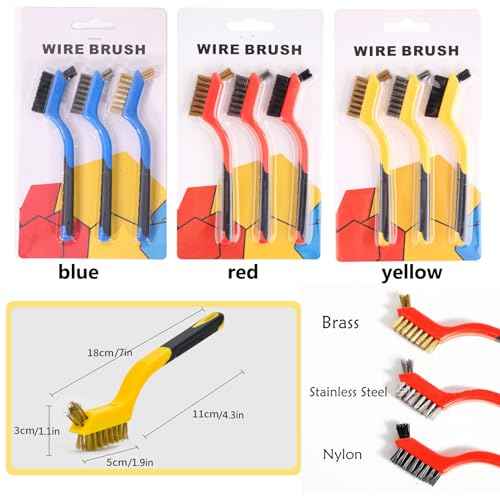 Wire Brush 3Pcs Metal Scrubber - Nylon/Brass/Stainless Steel Bristles with Curved Handle Grip for Cleaning Rust Removal, Dirt, Paint Scrubbing with Deep Cleaning ? 7 Inches