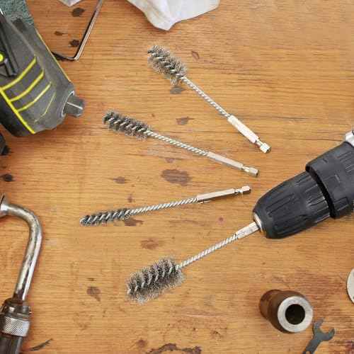 4 PCS Stainless Steel Wire Brushes,Hex Shank Handle Small Wire Brushes,for Drill Ports Tubes Bearings Cleaning Parts Attachments and More,3/8'',1/2'',3/4'',7/8''