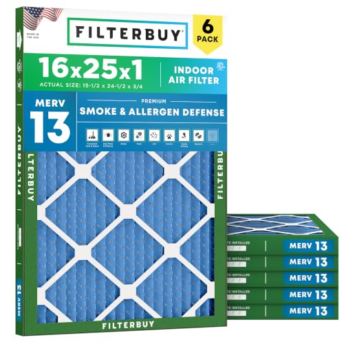 Filterbuy 16x25x1 MERV 13 Air Filter 6-Pack Smoke & Allergy Defense