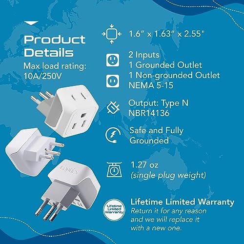 Ceptics Type N Brazil Travel Adapter Plug 3 Pack White Gray Dual Input Compact Safe