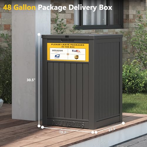 Black 48 Gallon Lockable Outdoor Package Delivery Box with Sign - Waterproof Resin Storage