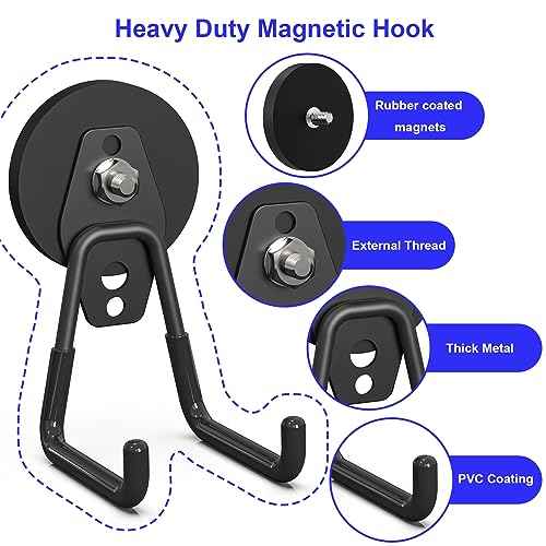 Heavy Duty Storage Magnetic Utility Hooks Large Garage Magnet Hooks with Anti-Slip Coating for Metal Cabinet,Pegboard,Garage Shelve,Garden Tools (3PCS 2.59'' Black)