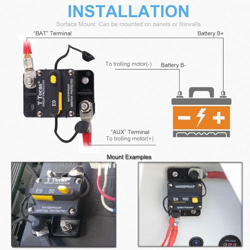 T Tocas 200 Amp Marine Circuit Breaker with Manual Reset - UL, Waterproof, 3/8"-16 Studs, Model: 200.0A