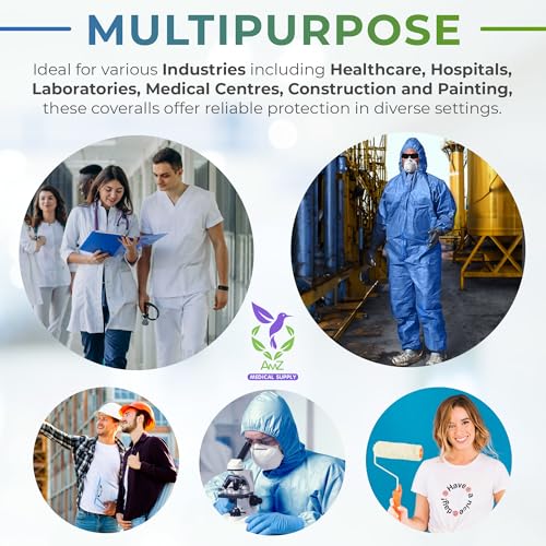 AMZ Medical Supply Blue Disposable Coveralls with Hood, Medium Size. Pack of 5 Hazmat Suits Disposable with Front Zip, Elastic Wrists & Ankles. 50 GSM SMS Painters Coveralls. Waterproof Paint Suit