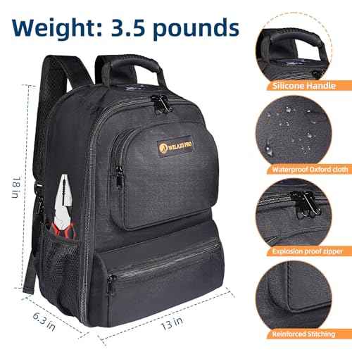 Heavy Duty Tool Bag Backpack 1680D Waterproof Oxford Fabric with Non-Slip Silicone Base, Multi-Pocket Tool Storage Organizer for Comfortable All-Day Use in Various Worksite Environments
