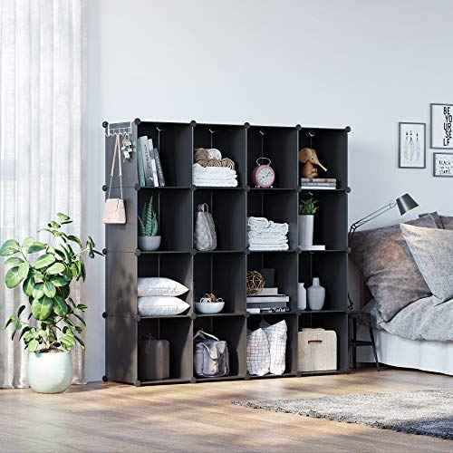 C&AHOME Cube Storage Organizer, 16-Cube Shelves Units, Plastic Storage Cubes, DIY Closet Organizer, Modular Closet Storage Shelves Ideal for Home, Bedroom, 48.4" L ¡¿ 12.4" W ¡¿ 48.4" H Black SUM3016H