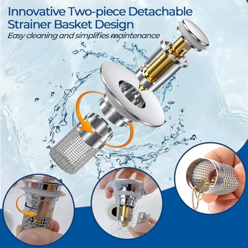 TopmeiUP Sliver 2-Pack Bathroom Sink Drain Strainers with Pop-up Mechanism, Hair Catcher & Removable Basket