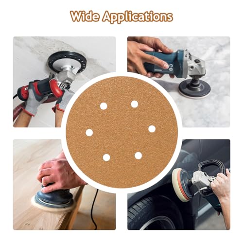50 PCS 6 Inch Sanding Discs Hook and Loop 320 Grit, 6 Hole Sand Paper Disc for Random Orbital Sander, Gold Random Orbital Sandpaper Pads