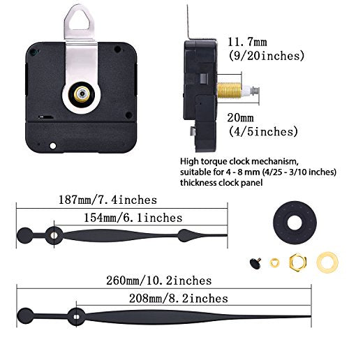 High Torque Quartz Clock Movement Replacement Kit with 20mm Shaft & Long Hands