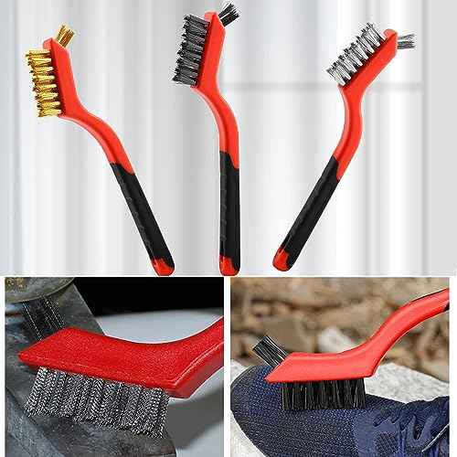 Wire Brush 3Pcs Metal Scrubber - Nylon/Brass/Stainless Steel Bristles with Curved Handle Grip for Cleaning Rust Removal, Dirt, Paint Scrubbing with Deep Cleaning ? 7 Inches