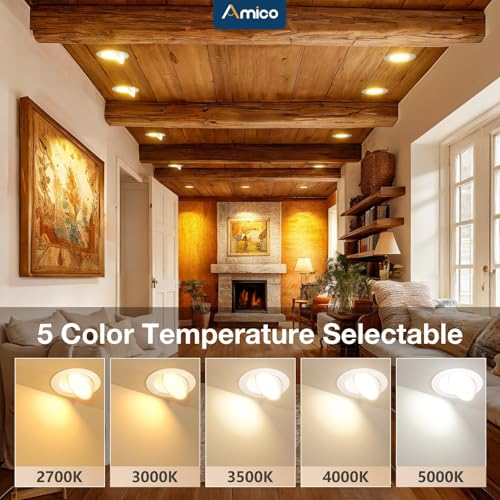 Amico White 6 Inch 5CCT Gimbal Recessed LED Ceiling Light - Adjustable, Dimmable, 1200LM
