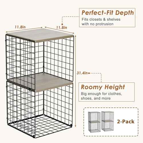 4-Tier Stackable Closet Organizers and Storage, Dual-Layer Reinforced Clothing Cube Shelves with Wood Tops, Sturdy Clothes Storage Bins & Shelf Basket for Wardrobe, Closet Organizer System